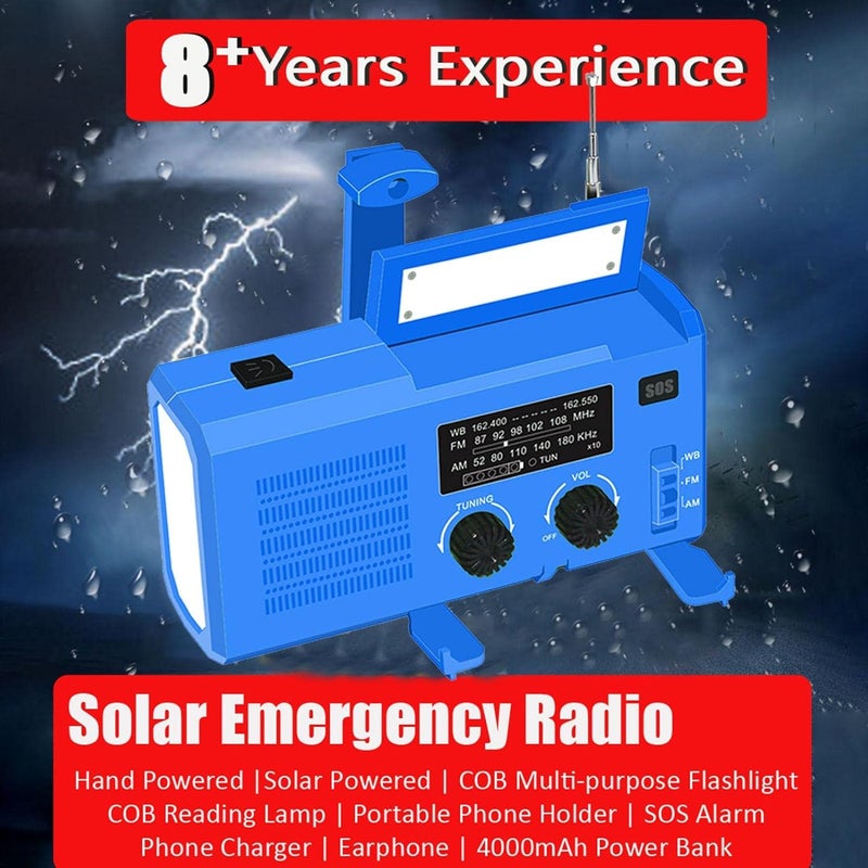 ويوبلز راديو يعمل بالطاقة الشمسية، بطارية 4000 مللي أمبير، راديو طوارئ NOAA للأحوال الجوية، مصباح يدوي، بنك طاقة محمول، منبه SOS، راديو AM/FM، ومصباح LED للطوارئ الخارجية - Image 2